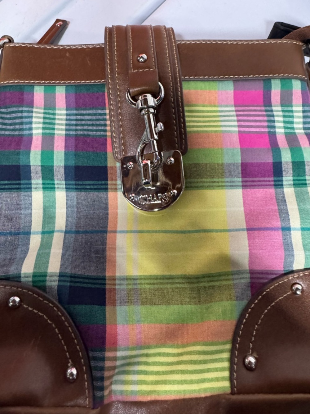 Chaps Multicolor Plaid Crossbody with Brown Trim and Beige Strap